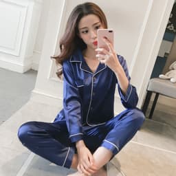 image-Women's Silk Pajamas Set - Long Sleeve Black Cardigan