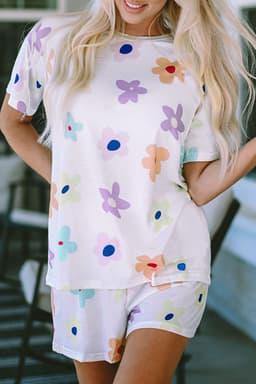 image-Pink Flower Print Short Sleeve High Waist Two Piece Shorts Set
