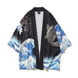 image-A generation of Japanese ukiyo-e Taoist robe sea wave carp kimono male and female couple three-quarter sleeve shirt wholesale