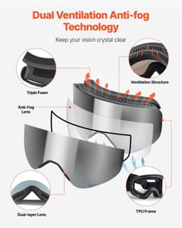 image-VEVOR Frameless Ski Goggles, Magnet Cylindrical Lens with Silver Mirror Revo Coating, OTG Anti fog Snow Goggles for Men Women, TPU Frame & Ventilation Structure, Fit for Skiing, Skating, Snowboarding
