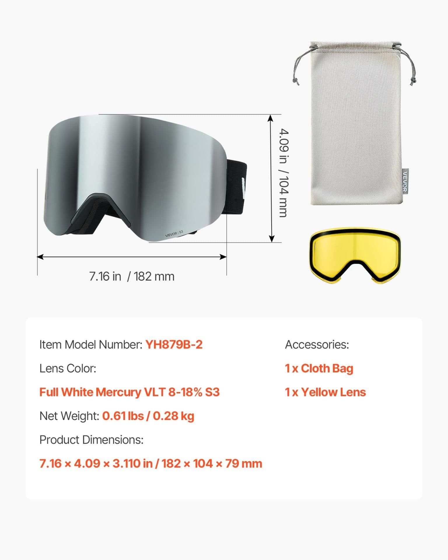 image-VEVOR Frameless Ski Goggles, Magnet Cylindrical Lens with Silver Mirror Revo Coating, OTG Anti fog Snow Goggles for Men Women, TPU Frame & Ventilation Structure, Fit for Skiing, Skating, Snowboarding