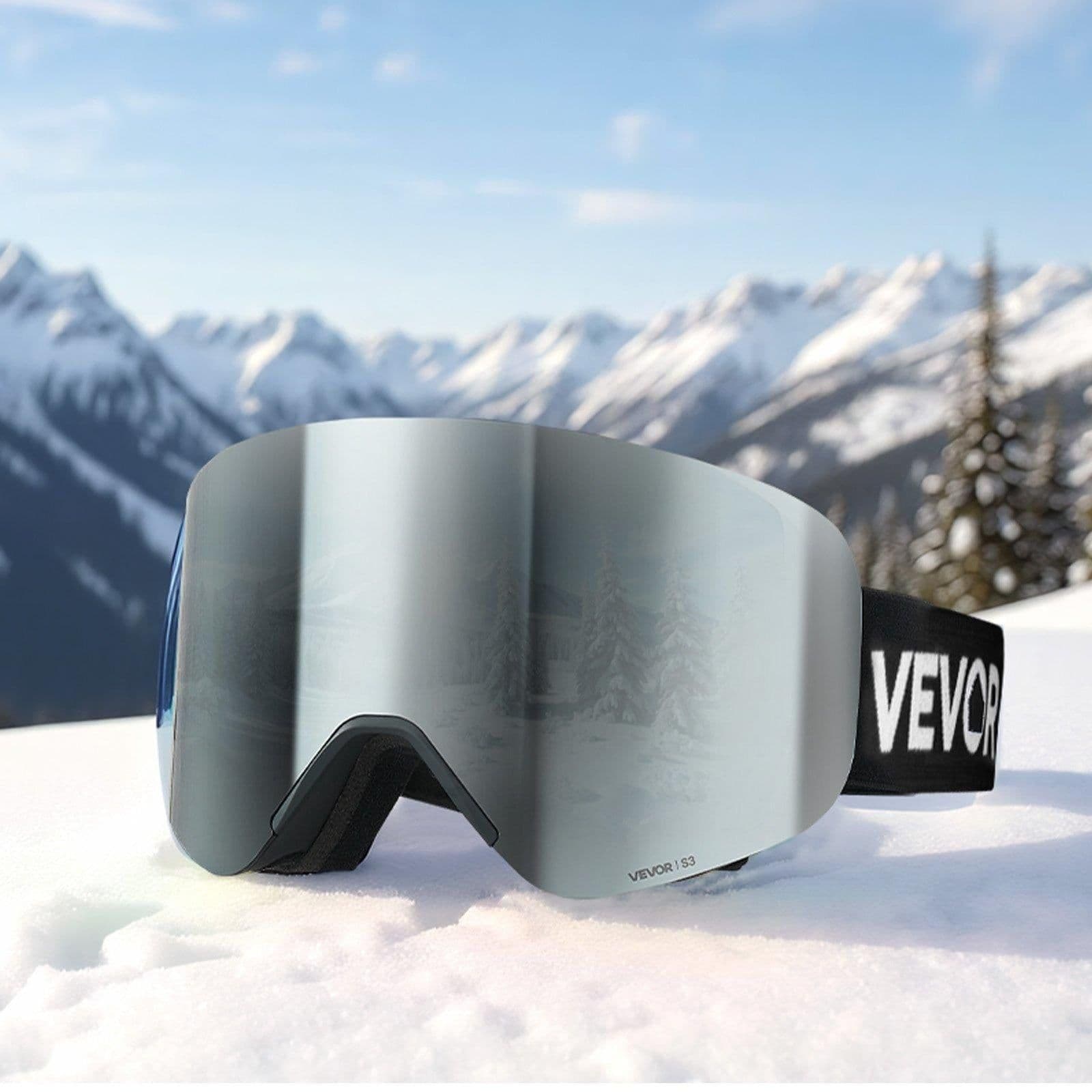 image-VEVOR Frameless Ski Goggles, Magnet Cylindrical Lens with Silver Mirror Revo Coating, OTG Anti fog Snow Goggles for Men Women, TPU Frame & Ventilation Structure, Fit for Skiing, Skating, Snowboarding