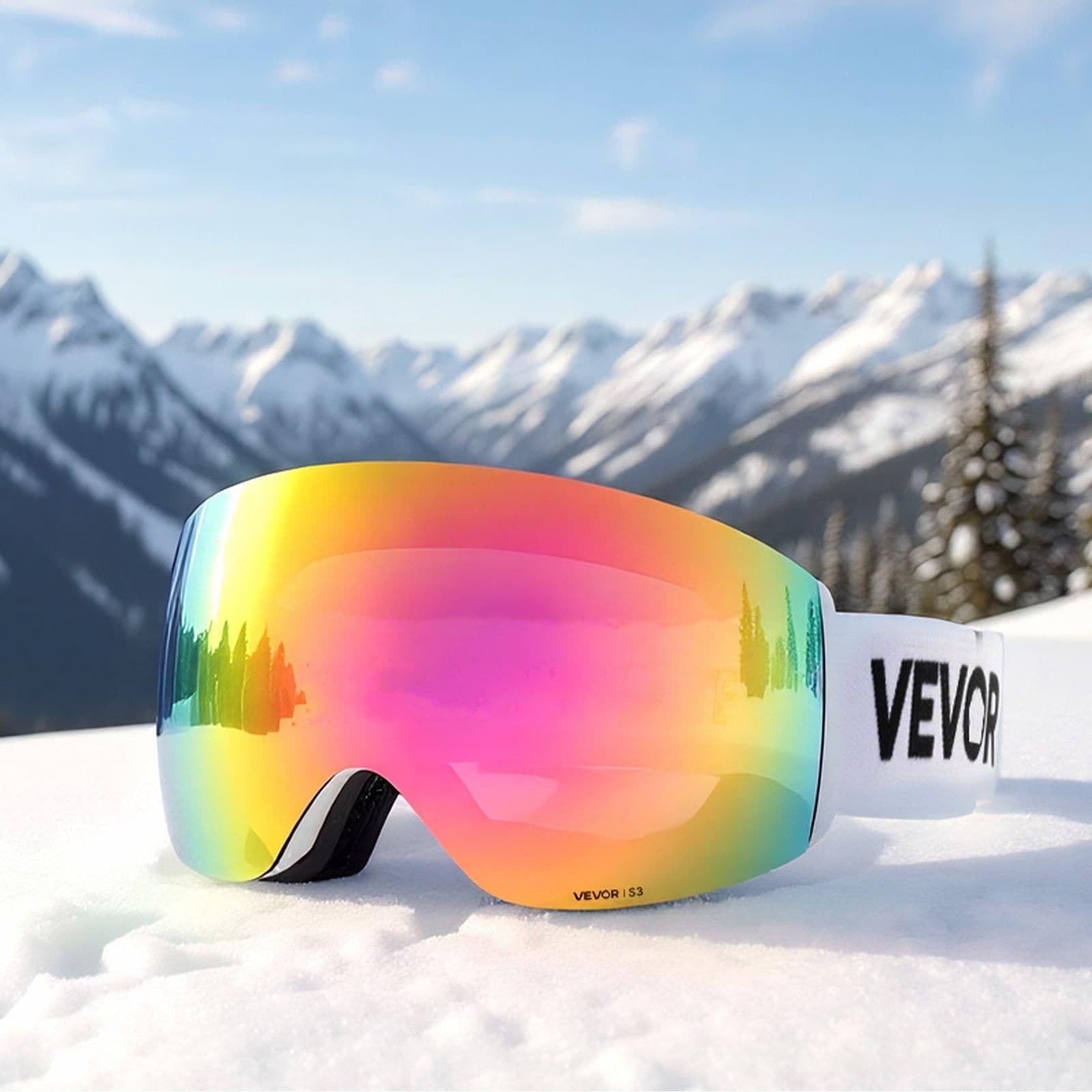 image-VEVOR Frameless Ski Goggles - Pink Revo Lens OTG Anti-fog