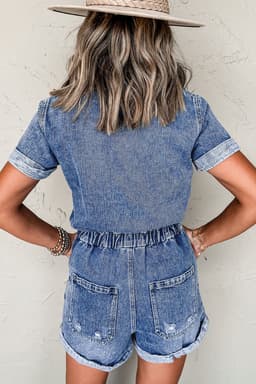 image-Denim Dusk Blue Romper Short Sleeves Folded Edge Button Front