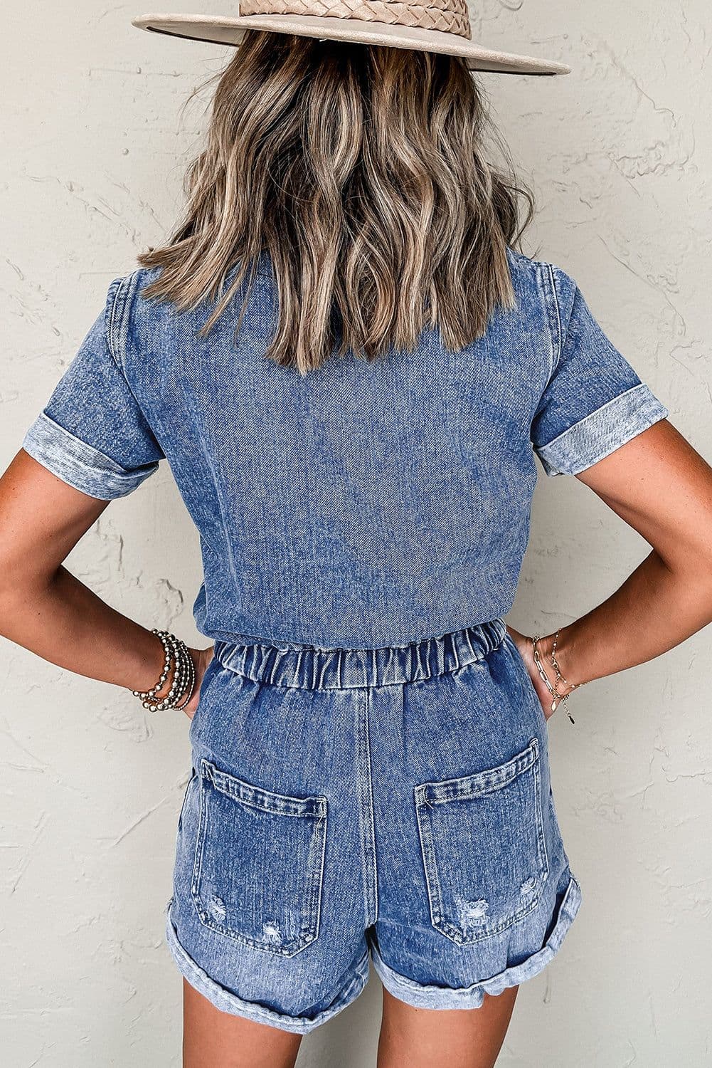image-Denim Dusk Blue Romper Short Sleeves Folded Edge Button Front