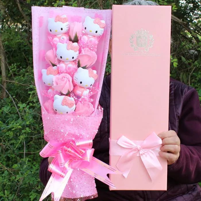 image-6-Piece Cat Doll Soap Flower Bouquet Gift Box - Purple