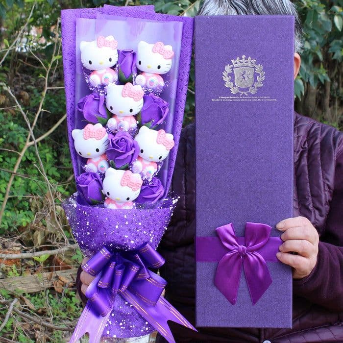 image-6-Piece Cat Doll Soap Flower Bouquet Gift Box - Purple