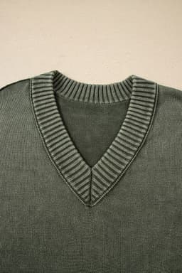 image-Four Leaf Clover Mineral Wash V Neck Knit Exposed Seam Drop Shoulder Loose Sweater