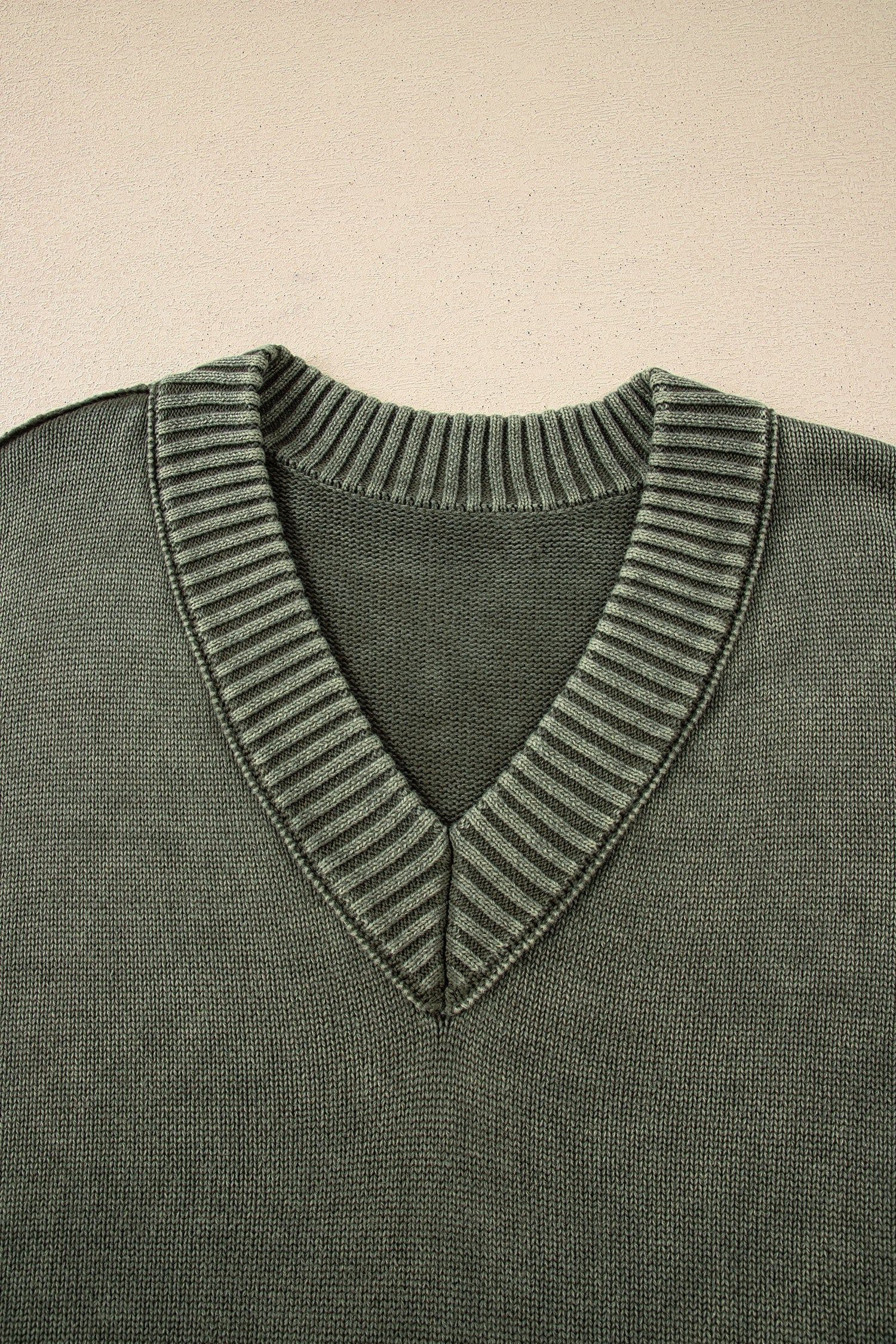 image-Four Leaf Clover Mineral Wash V Neck Knit Exposed Seam Drop Shoulder Loose Sweater