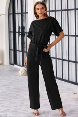 image-Black Belted Wide Leg Jumpsuit