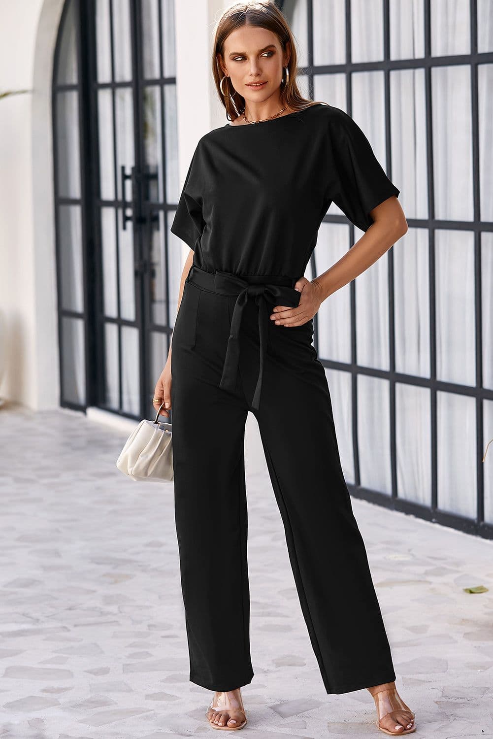image-Black Belted Wide Leg Jumpsuit