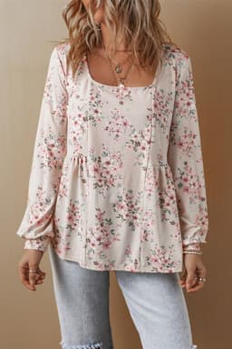 image-Pink Floral Pleated U Neck Loose Fit Blouse