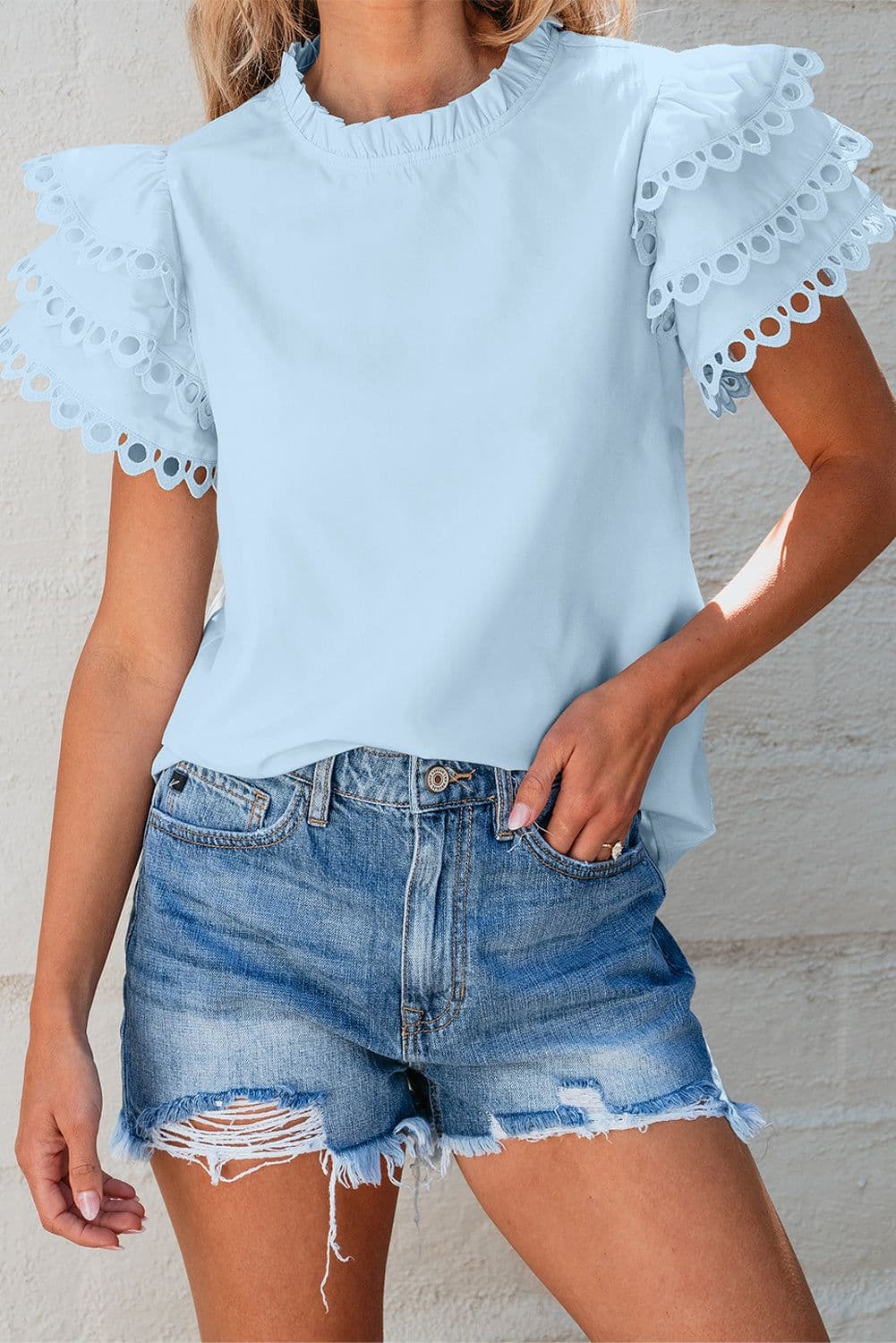 image-Beau Blue Layered Ric Rac Cap Sleeve Blouse