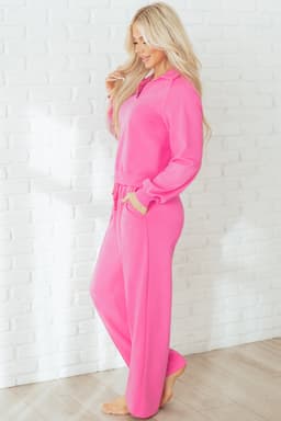 image-Wisteria Solid Color Collared Pullover and Central Seam Pants Set
