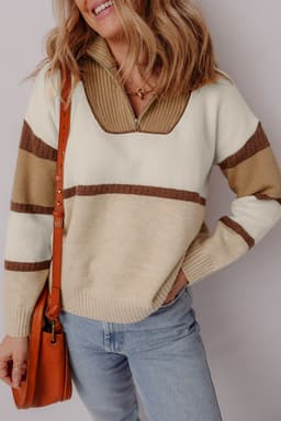 image-Parchment Colorblock Zipped Collared Pullover Sweater