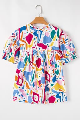 image-White Abstract Print Puff Sleeve Blouse - Plus Size