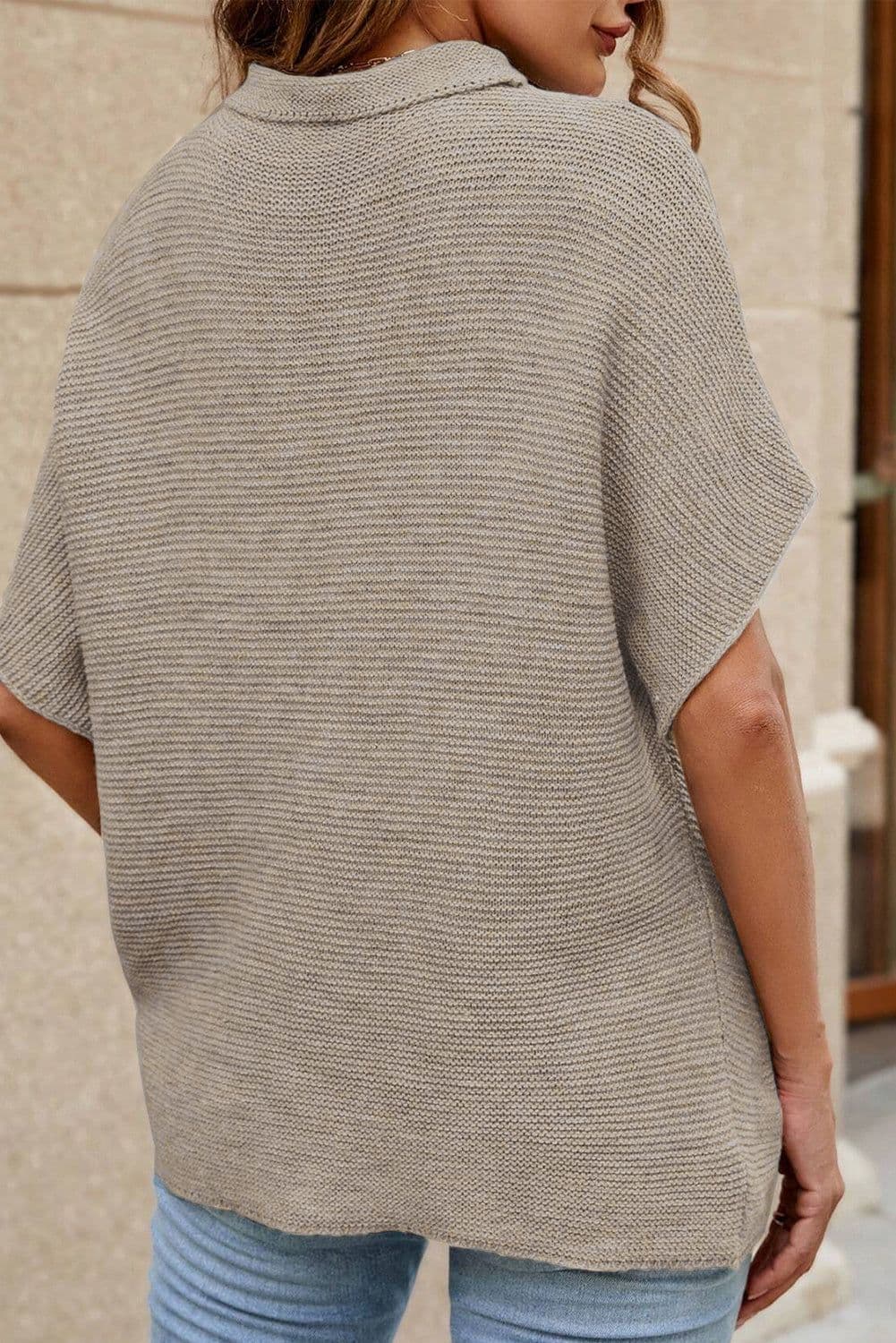 image-High Neck Bat Sleeve Sweater - Short Sleeve, Elegant, Loose Fit