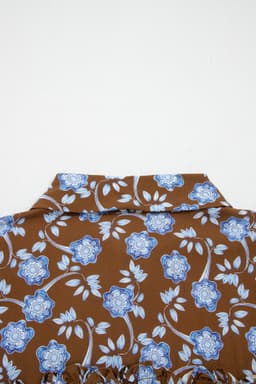 image-Brown Floral Print Ruffled Detail Shirt Collar Button Down Long Sleeve Dress