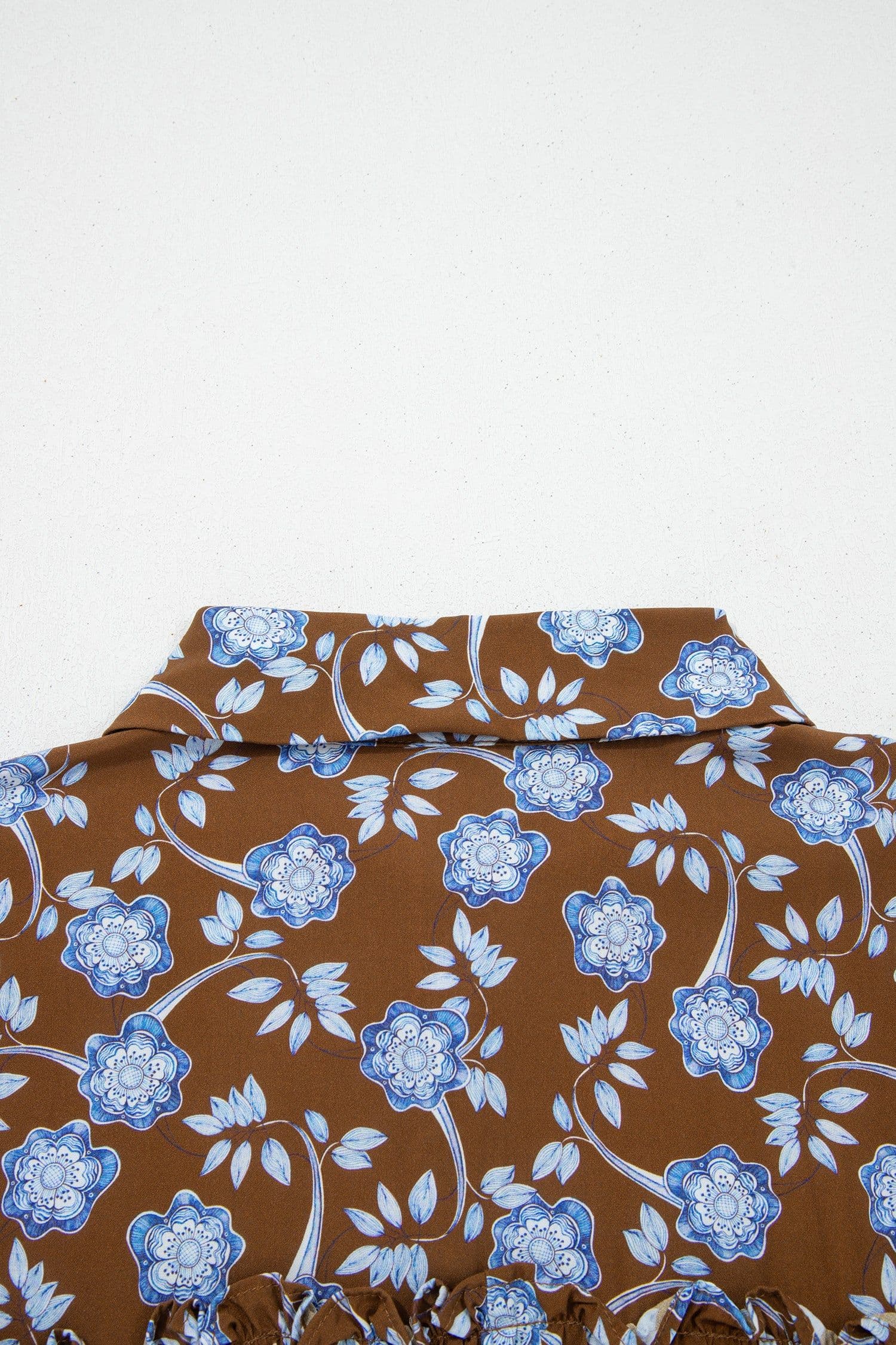 image-Brown Floral Print Ruffled Detail Shirt Collar Button Down Long Sleeve Dress