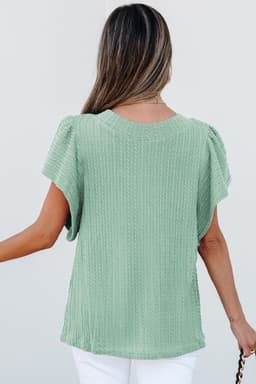 image-Solid Color Textured Flutter Sleeve Top, Size Chart Included
