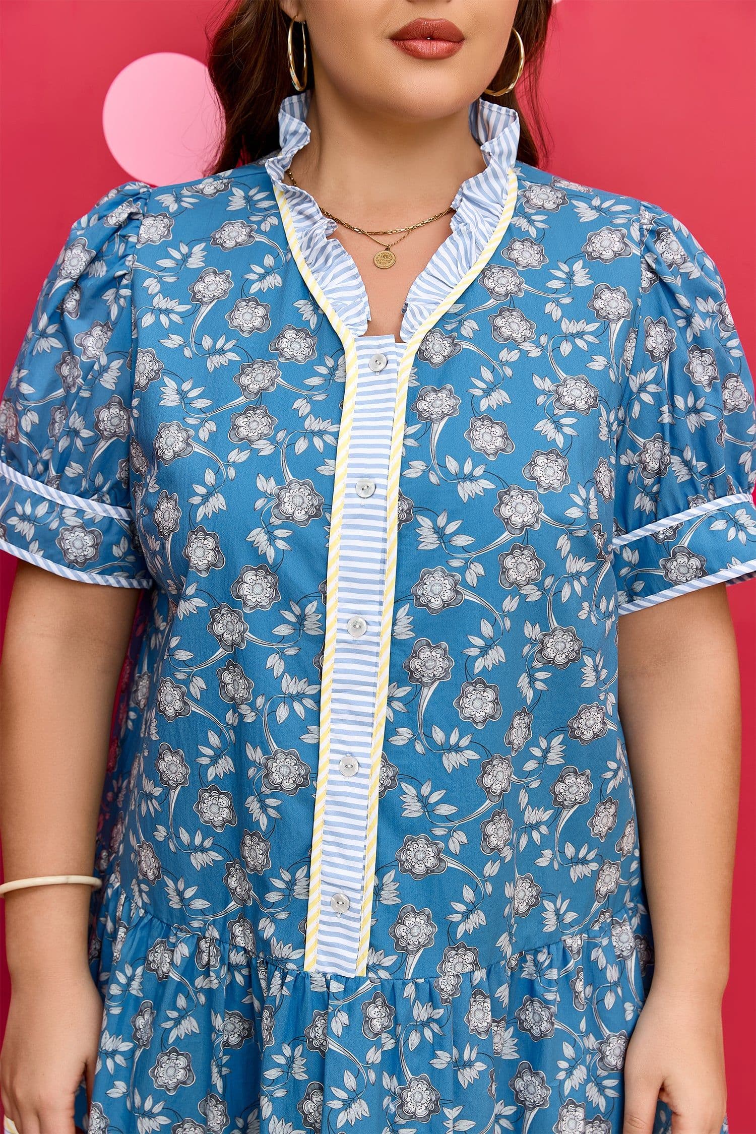 image-Blue Plus Size Floral Print Striped Patchwork Detail Button Front Ruffle Hem Dress