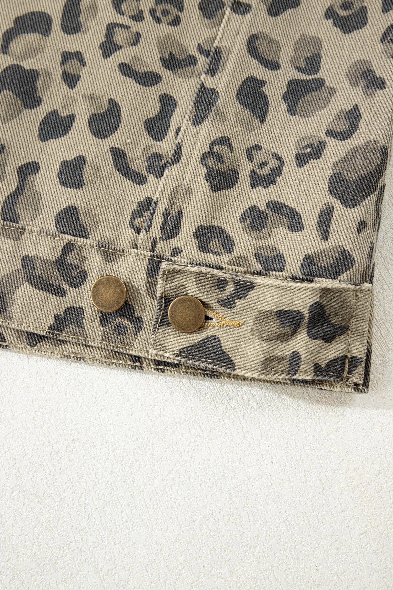 image-Khaki Retro Leopard Print Seam Detail Button Down Denim Jacket