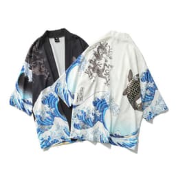 image-A generation of Japanese ukiyo-e Taoist robe sea wave carp kimono male and female couple three-quarter sleeve shirt wholesale