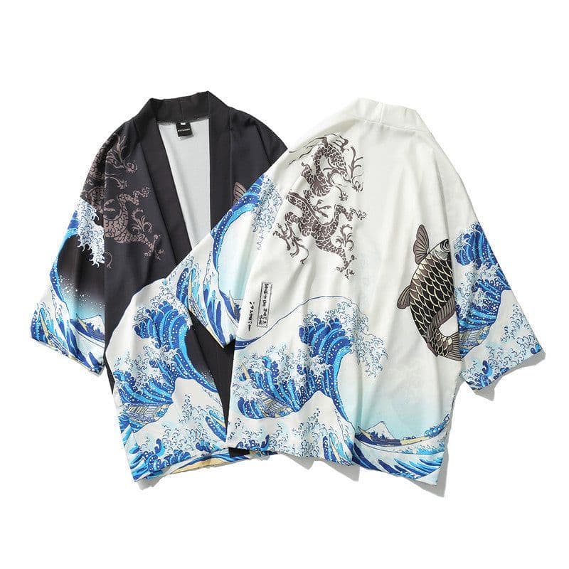 image-A generation of Japanese ukiyo-e Taoist robe sea wave carp kimono male and female couple three-quarter sleeve shirt wholesale