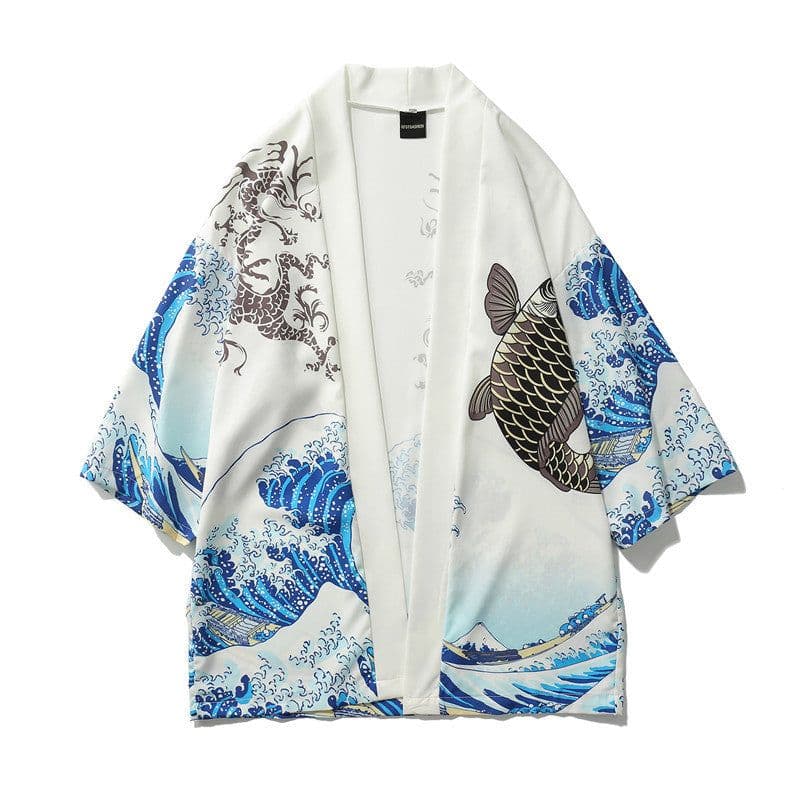 image-A generation of Japanese ukiyo-e Taoist robe sea wave carp kimono male and female couple three-quarter sleeve shirt wholesale