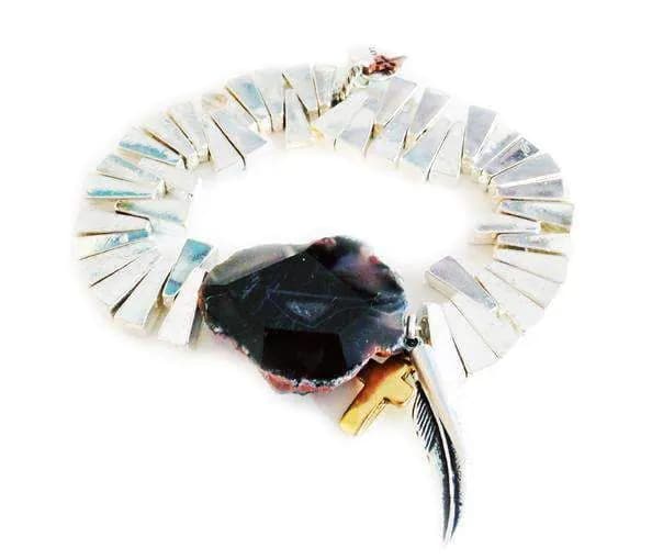 image-Handmade silver plated cuff bracelets with agate stone and charms.