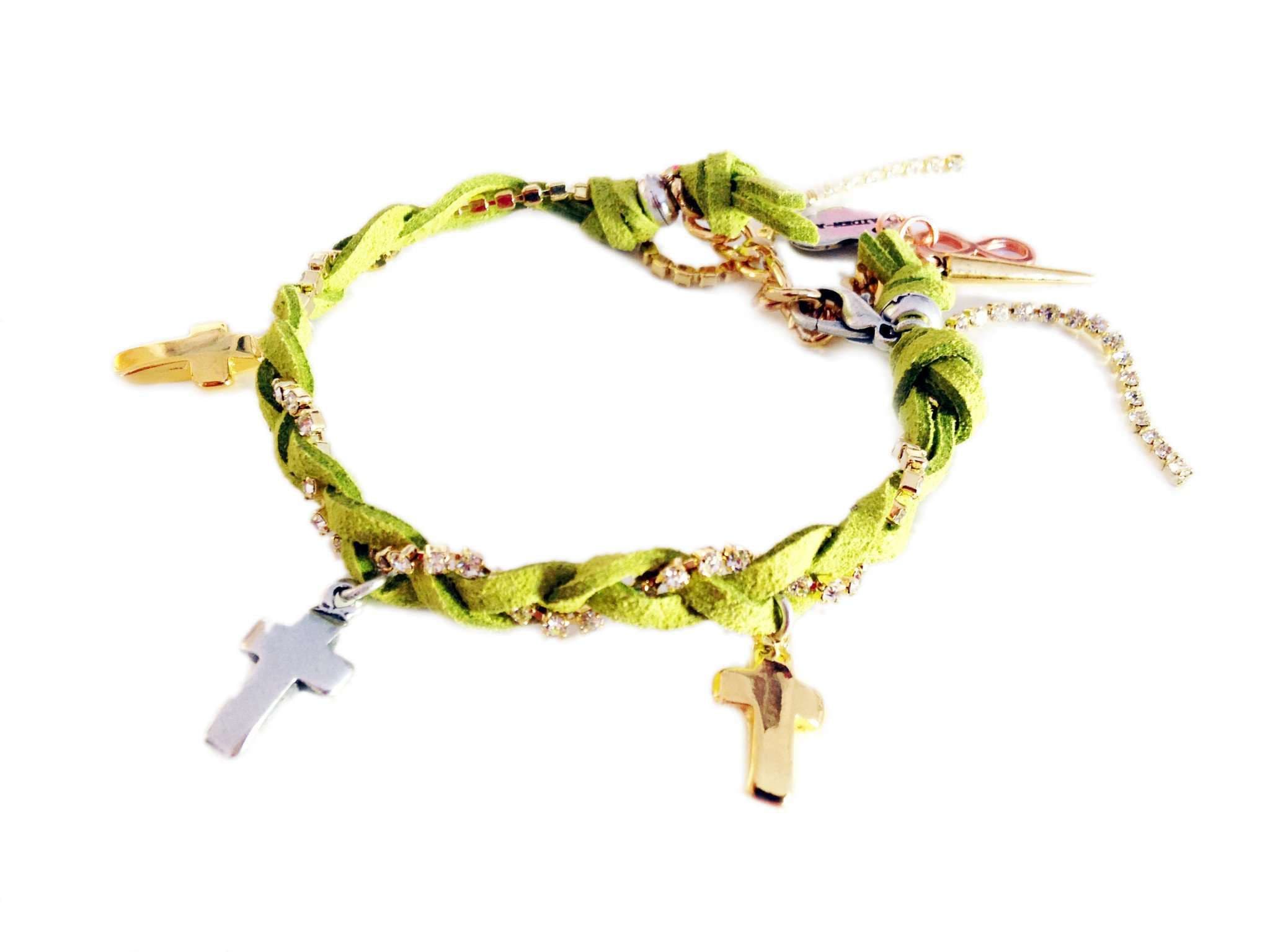 image-Friendship bracelet with golden crosses, colorful suede ribbons and