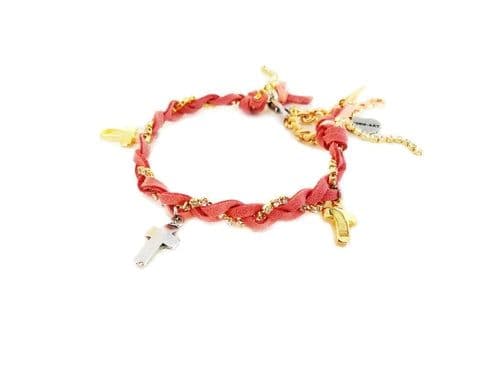 image-Friendship bracelet with golden crosses, colorful suede ribbons and