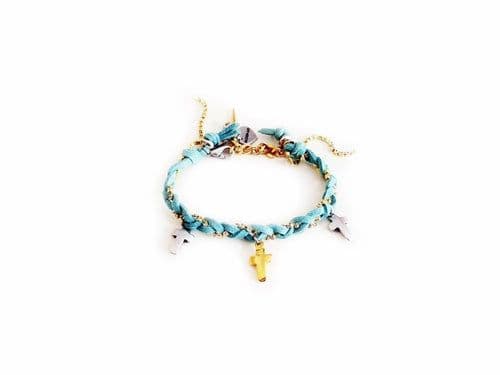image-Friendship bracelet with golden crosses, colorful suede ribbons and