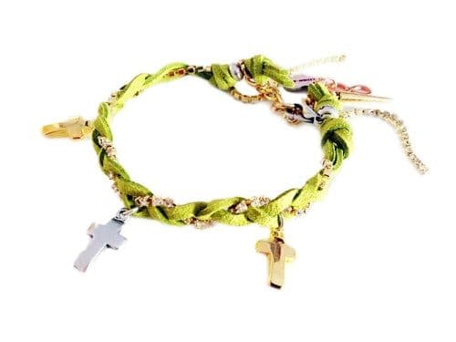image-Friendship bracelet with golden crosses, colorful suede ribbons and
