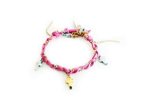 image-Friendship bracelet with golden crosses, colorful suede ribbons and