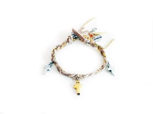 image-Friendship bracelet with golden crosses, colorful suede ribbons and