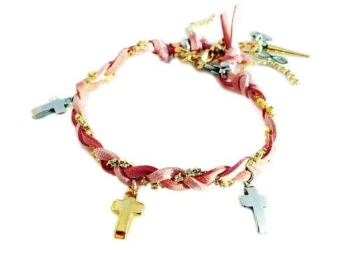 image-Friendship bracelet with golden crosses, colorful suede ribbons and