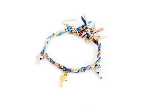 image-Friendship bracelet with golden crosses, colorful suede ribbons and