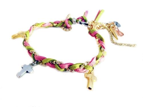 image-Friendship bracelet with golden crosses, colorful suede ribbons and