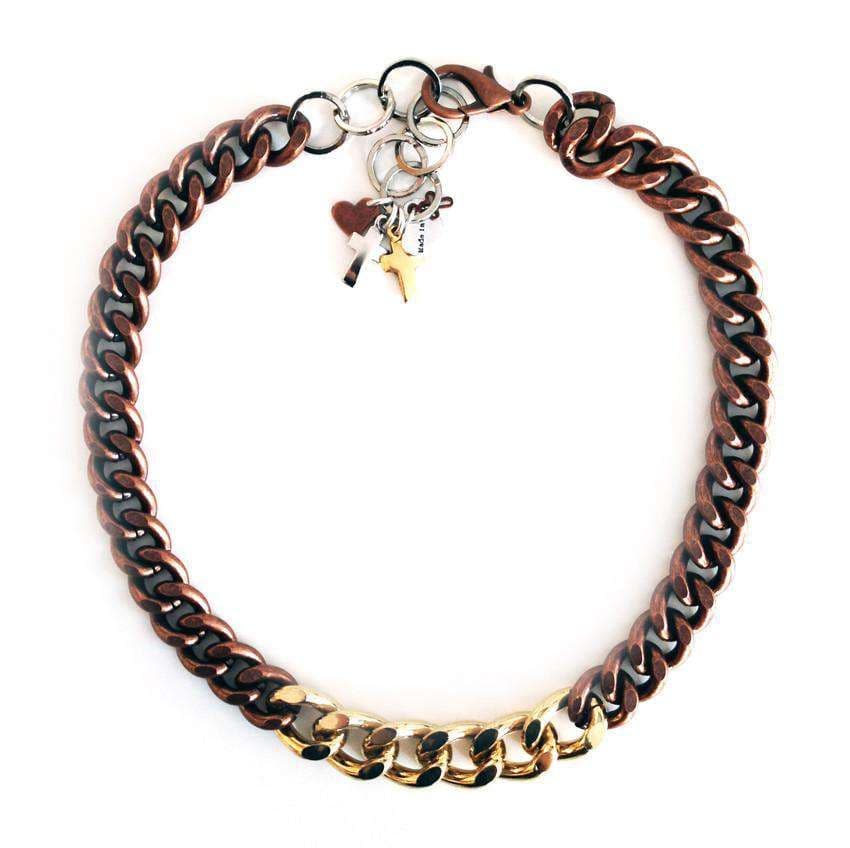 image-Choker necklace with double color brass chain and charms. Boho chic