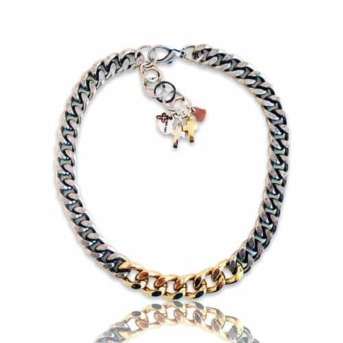 image-Choker necklace with double color brass chain and charms. Boho chic