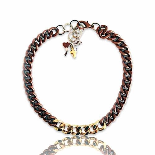 image-Choker necklace with double color brass chain and charms. Boho chic