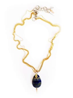 image-Lariat necklace with blue lapis lazuli stones, rhinestones, brass and