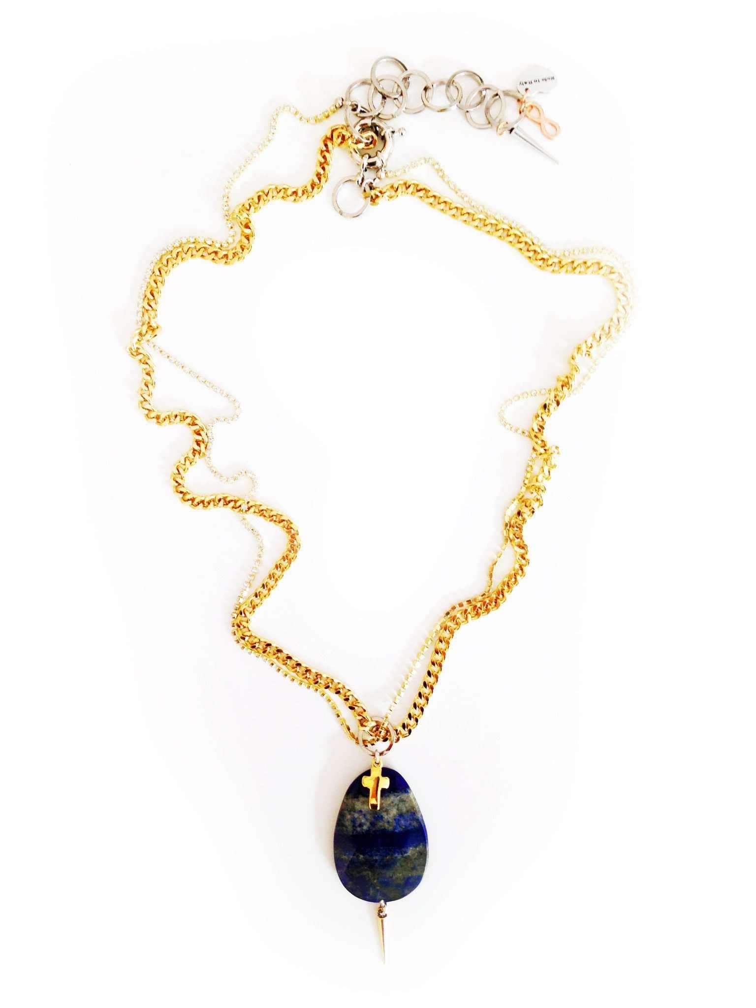 image-Lariat necklace with blue lapis lazuli stones, rhinestones, brass and