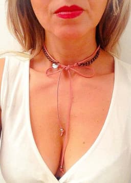 image-Choker with deerskin leather and silver or gold chain. Black choker,