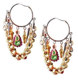 image-Pink and lime green hoop earrings with gold chain. Golden chain
