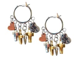 image-Hoop earrings with crosses, hearts charms and burnished gold. Boho