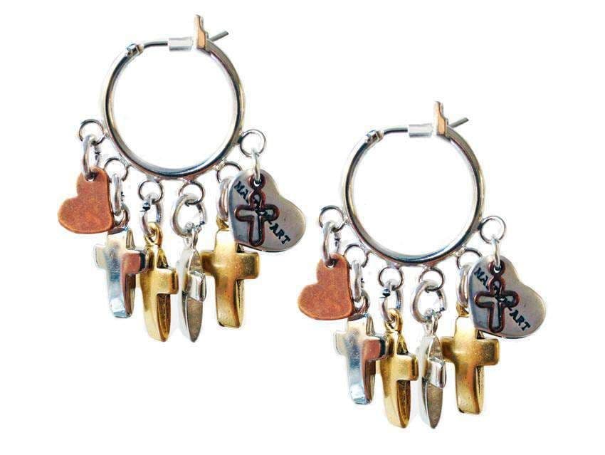 image-Hoop earrings with crosses, hearts charms and burnished gold. Boho