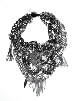 image-Bib necklace with gunmetal and silver studded chains, Swarovski