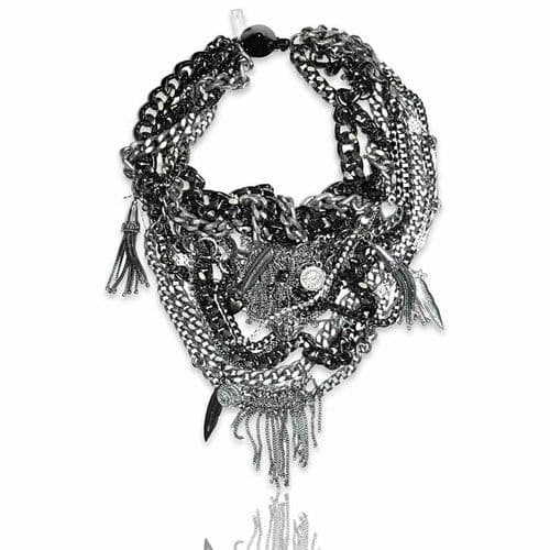 image-Bib necklace with gunmetal and silver studded chains, Swarovski